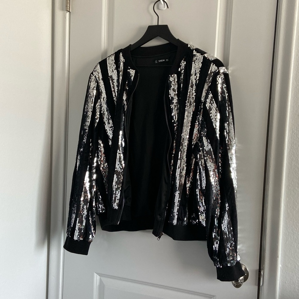 Black and Silver Sequin Striped Velvet Jacket